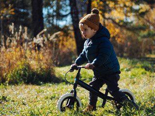 Cute toddler boy in casual clothes riding on balance bike  in autumn forest