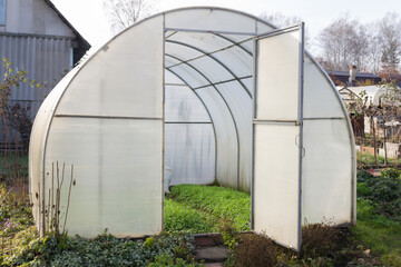 Fototapeta na wymiar Greenhouse in the back garden with an open door, work in the garden