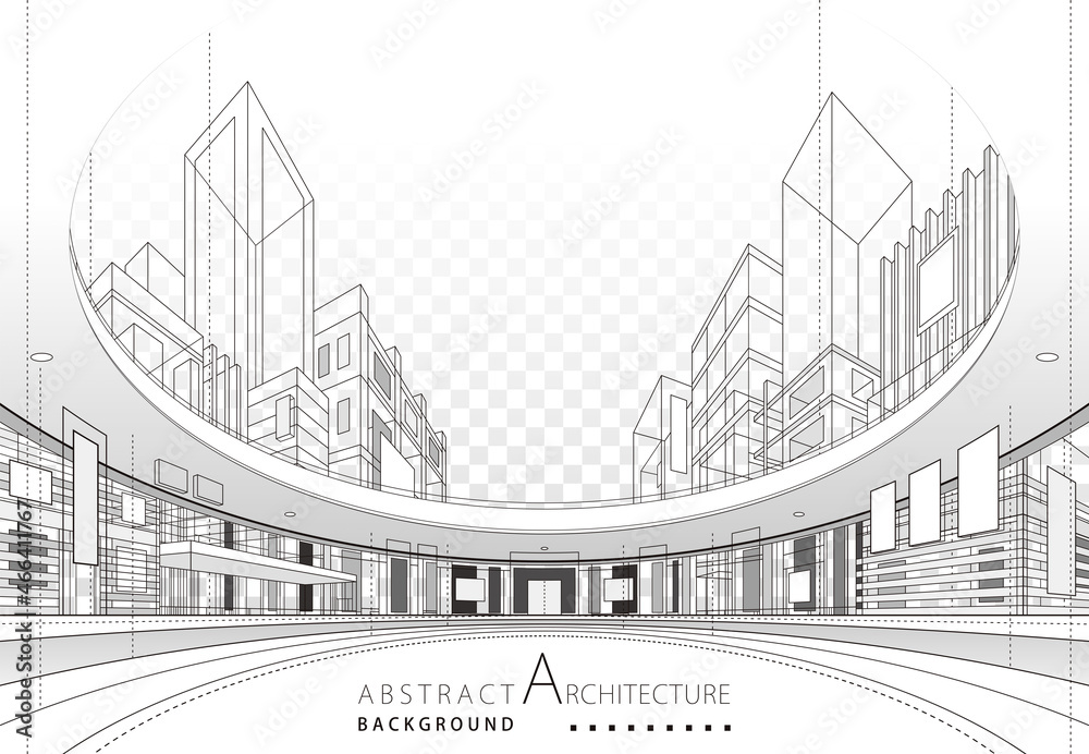 Wall mural 3d illustration linear drawing. imagination architecture urban building design, architecture modern 