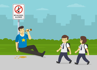 Two school kids looking at drunk man. Young male character sitting on sidewalk, holding bottle and drinking alcohol. No alcohol allowed sign. Flat vector illustration template.