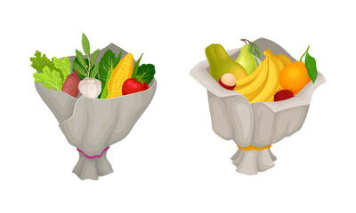 Vegetable and Fruit Bouquet Wrapped in Papper Vector Set
