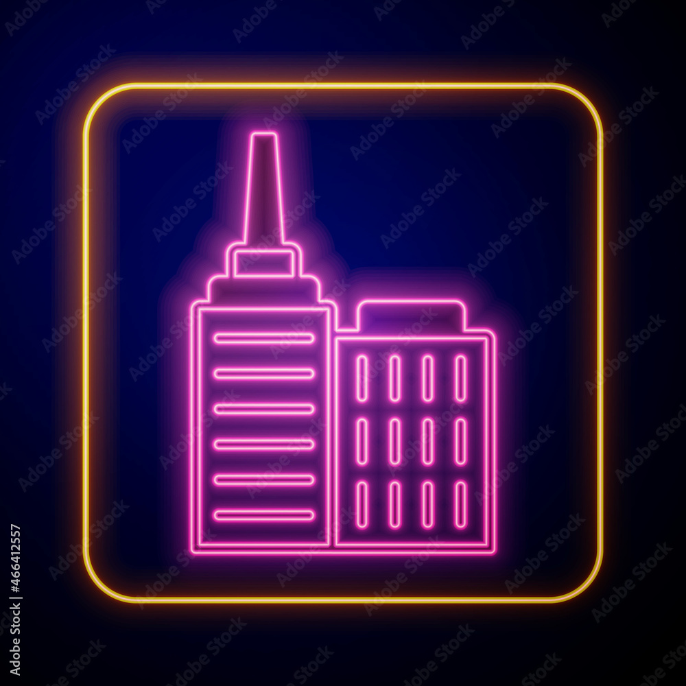 Poster glowing neon city landscape icon isolated on black background. metropolis architecture panoramic lan