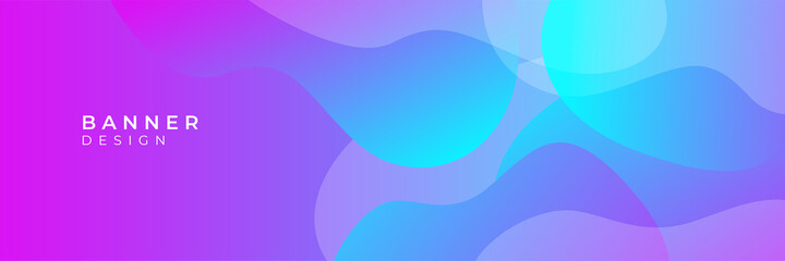 Abstract wavy curve wide geometric banner design in pink and blue gradient color
