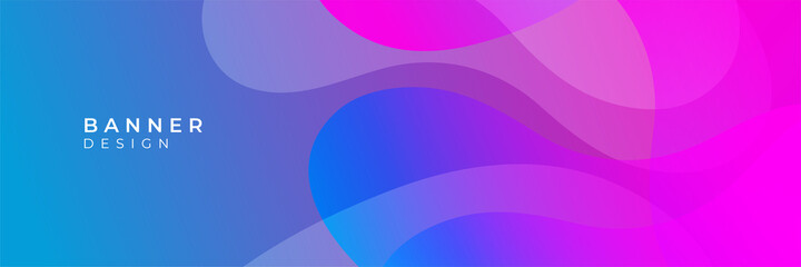 Abstract wavy curve wide geometric banner design in pink and blue gradient color
