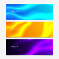 Colorful web banner with wave and geometric shapes. Collection of horizontal promotion banners with gradient colors and abstract geometric backdrop. Header design. Vibrant vivid color coupon template.