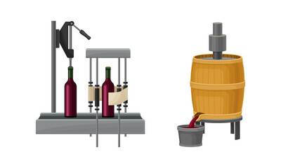 Wine Bottles Sealing or Capping with Cork and Label Sticking Process on Conveyor Belt and Fermentation in Wooden Barrel Vector Set