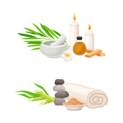 Spa Treatment Composition with Sandalwood, Essential Oil and Stones for Energy Body Massage Vector Set