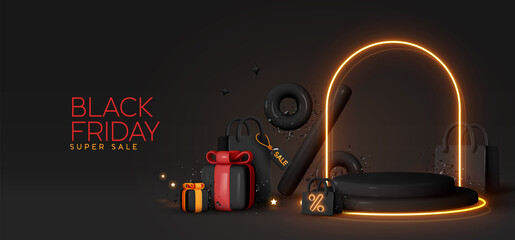 Black Friday Sale. Realistic 3d design stage podium, round studio, gold neon lights, gift box black, red bow, shopping bag, big percent label discount. Creative marketing concept. Vector illustration