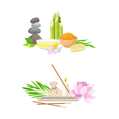 Spa Treatment Composition with Bamboo, Essential Oil and Incense Sticks for Energy Body Massage Vector Set
