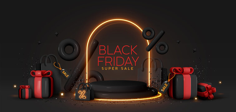 Black Friday Sale. Realistic 3d design stage podium, round studio, gold neon lights, gift box black, red bow, shopping bag, big percent label discount. Creative marketing concept. Vector illustration