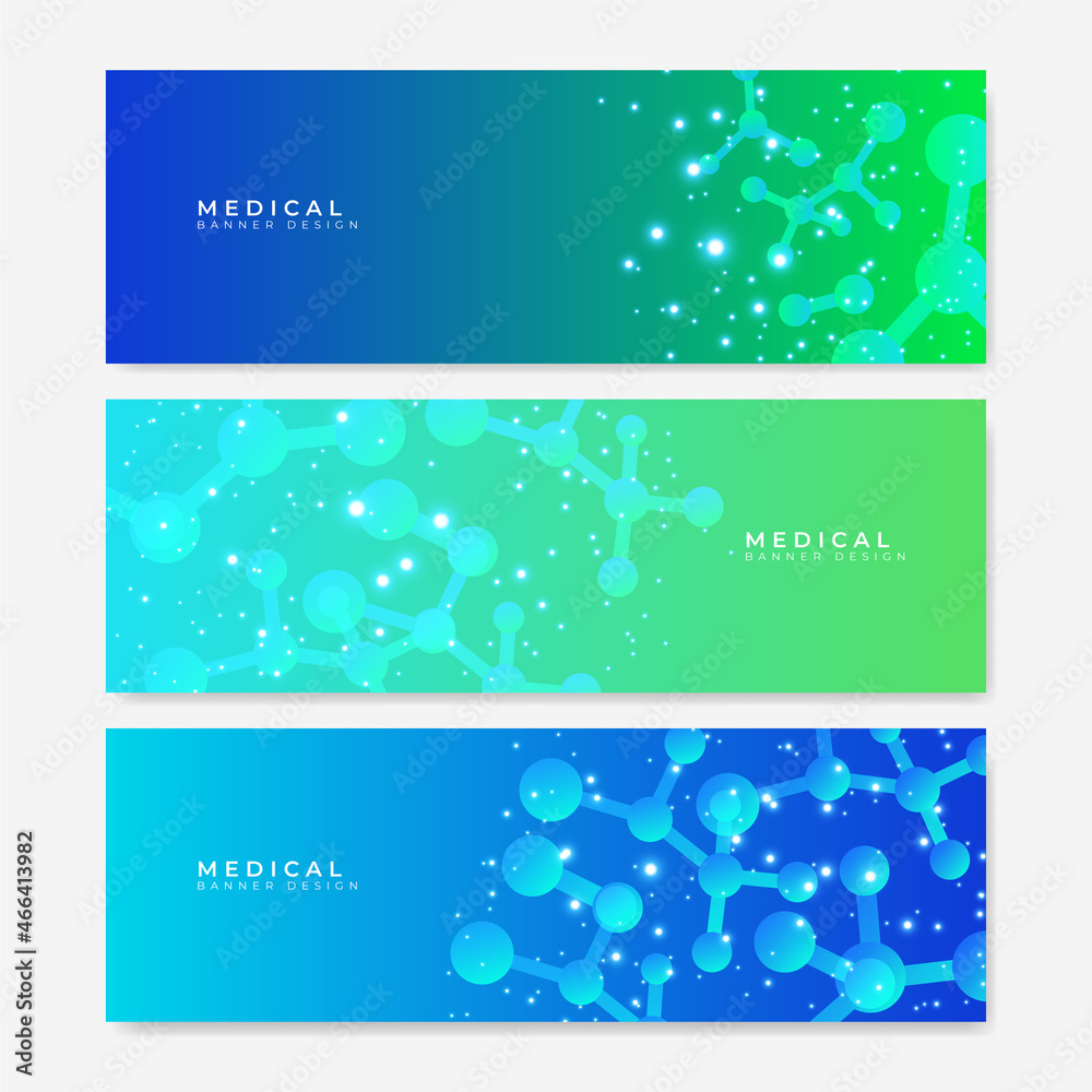 Poster Banners design template and headers for site with molecular structures. Abstract medical vector background. Science, medicine and innovation technology concept. Decoration website and other ideas.