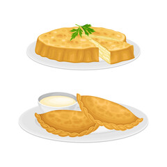 Pie with Savory Stuffing and Empanada as Spanish Cuisine Dish Vector Set