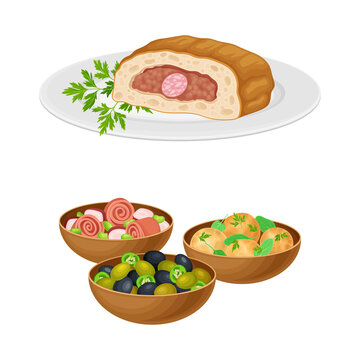 Rolled Meat with Forcemeat and Snacks in Bowl as Spanish Cuisine Dish Vector Set