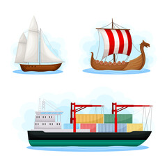 Water Transport with Cargo Ship and Viking Brigantine Vector Set