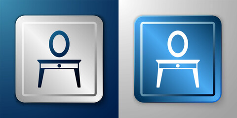 White Dressing table icon isolated on blue and grey background. Silver and blue square button. Vector