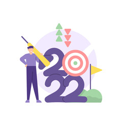 illustration of businessman holding arrow and standing next to arrow board and numbers 2022. business strategy and planning. business opportunity 2022. flat cartoon style. vector design