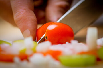 Delicious healthy breakfast with tomato, onion, pepper, serving