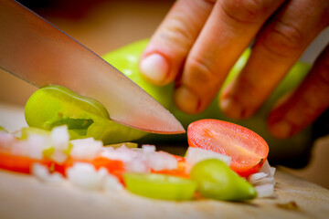 Delicious healthy breakfast with tomato, onion, pepper, serving