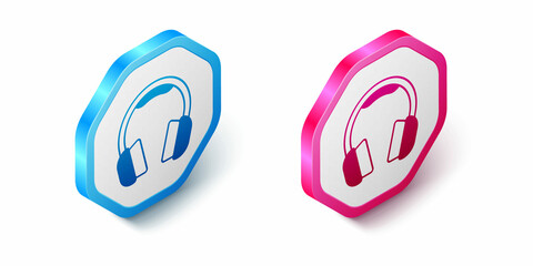 Isometric Headphones icon isolated on white background. Earphones. Concept for listening to music, service, communication and operator. Hexagon button. Vector