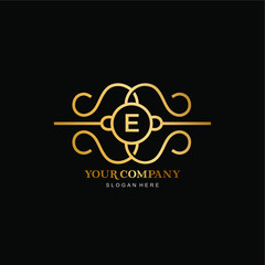 letter E vector logo and gold frame. simple and elegant gold frame line art with letter E .premium letter E vector template
