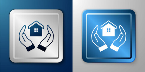 White House in hand icon isolated on blue and grey background. Insurance concept. Security, safety, protection, protect concept. Silver and blue square button. Vector