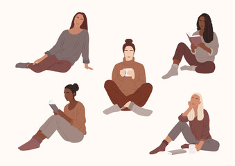 Cozy boho women set. Woman reading a book. Girl with a cup. Vector illustration.