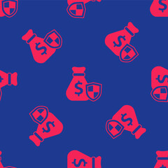 Red Money bag with shield icon isolated seamless pattern on blue background. Insurance concept. Security, safety, protection, protect concept. Vector