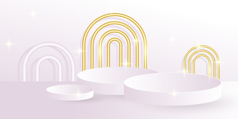Obraz premium Minimal white pink scene with golden ball element and lines. Cylindrical gold and white podium on a pink background. 3D stage for displaying a cosmetic product