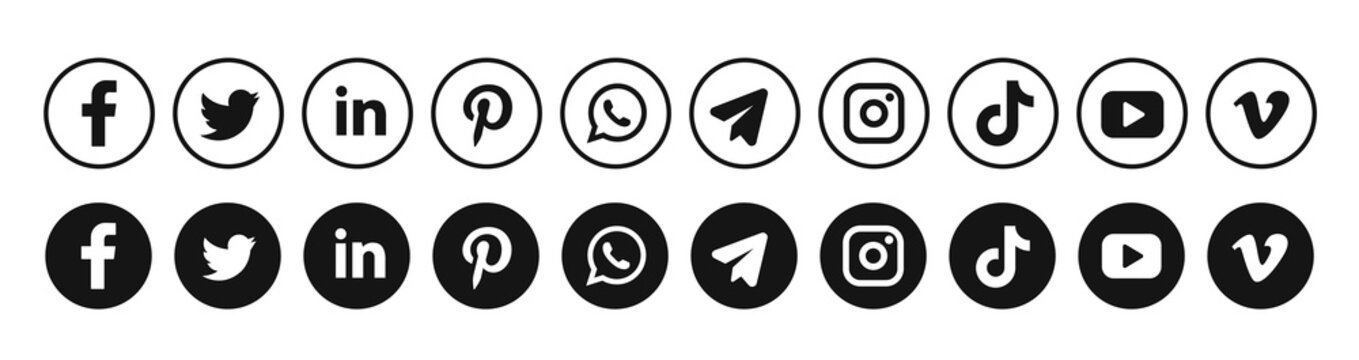 Round social media logotype collection: Facebook, TikTok, instagram, twitter, youtube, telegram, linkedin, snapchat, periscope, vimeo.