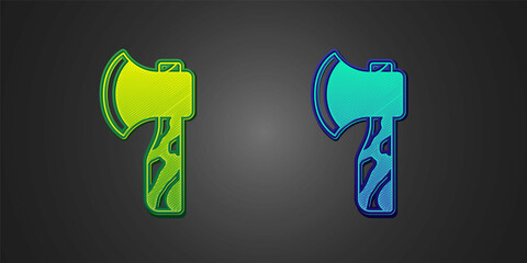 Green and blue Wooden axe icon isolated on black background. Lumberjack axe. Vector