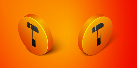 Isometric Hammer icon isolated on orange background. Tool for repair. Orange circle button. Vector