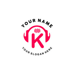 logo letter K music. vector illustration of letter K and headset icon with tone graphic. suitable for application logos, music studios, music industry and others