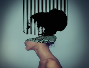 Young beautiful african american woman meditates or dreams with top part of her head makes of a barcode illustration. Сontemporary art collage, trendy urban minimalistic magazine style. - obrazy, fototapety, plakaty