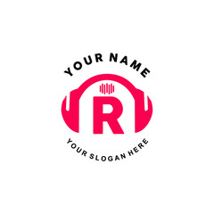 logo letter R music. vector illustration of letter R and headset icon with tone graphic. suitable for application logos, music studios, music industry and others