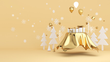 Golden gift box festival celebration,golden christmas gift box on gold background,3D rendering