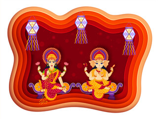 Creative paper cut design concept of Happy Diwali celebration with beautiful illustration of lord ganesha and goddess laxmi (Shubh Laabh).