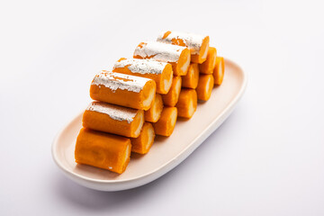 Orange Roll barfee or barfi sweet or Mitlai
