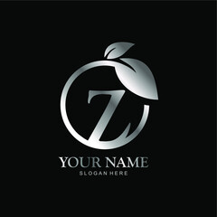 letter Z logo and leaf circle. premium vector letter Z with silver luxury color leaf. letter Z metal model