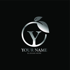 letter Y logo and leaf circle. premium vector letter Y with silver luxury color leaf. letter Y metal model