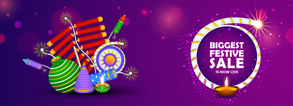 Illustration of fire crackers (elements), Happy Diwali biggest festival sale design concept.