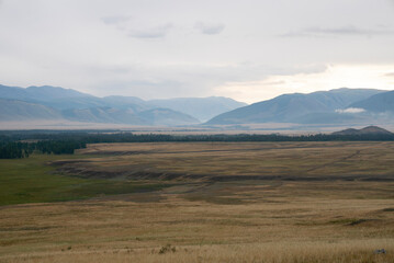 Altai steppe and mountains at dawn