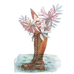 watercolor illustration high brown boots with lacing,graceful flowers with leaves,a small pond with fish and pebbles,for postcard or invitation
