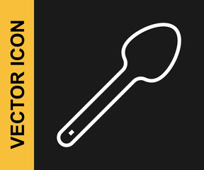 White line Teaspoon icon isolated on black background. Cooking utensil. Cutlery sign. Vector