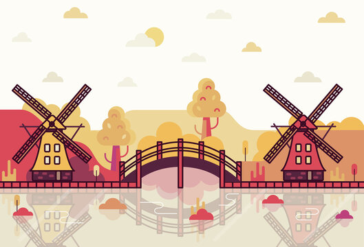 River, bridge and two mills. Vector cartoon illustration in flat stile