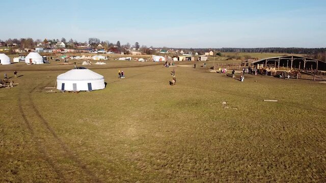 Sergiev Posad, Russia - 30 October 2021: Camel farm ethnopark "Nomad" from a bird's eye view