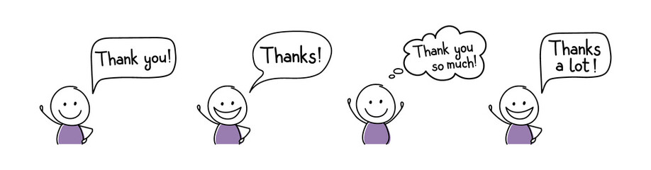 Smiley hand drawn character with text - thank you, thanks. Vector