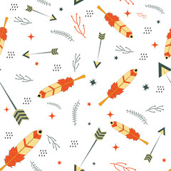 Seamless Pattern Of Feathers With Arrow And Leaves In Boho Style.