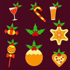 Christmas Theme Food And Drink Collection On Claret Background.