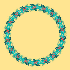 Empty Circular Frame Made By Berries And Leaves On Yellow Background.