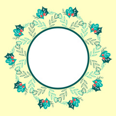 Empty Round Frame With Berries And Green Leaves Decorated Yellow Background.